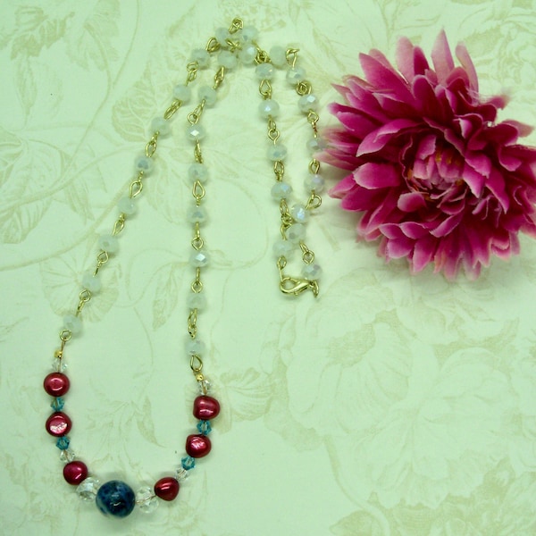 Patriotic Sodalite, Fresh Water Pearls and Swarovski Crystals on a Crystal Chain