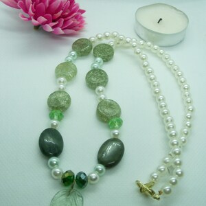 Genuine Jade and Green Leaf Glass Drop Necklace with Faux Pearls