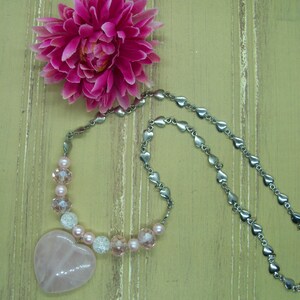 Rose Quartz Heart Necklace with Quartz and Silver Heart Shaped Chain