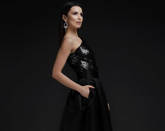 High waist long skirt with side pockets, mat satin black dress, floor skirt. Elegant evening skirt. Cocktail  black skirt - BOLD 019
