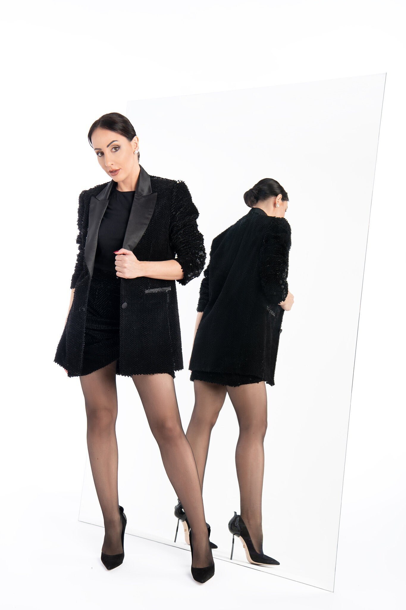Free-cut Velvet Blazer With Sequins and Satin Lapel. Black Velvet ...