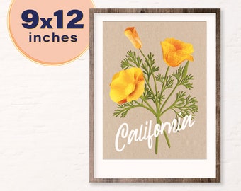 State of California Wall Art, Poppy Flower Wall Decor, Floral Wall Art Print, California Print, Flower Illustration, Poppies Art