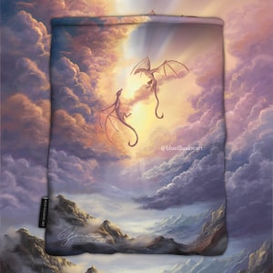 Booksleeve Romantyczny lot | Sztuka fantasy Smoki Wywerny Zachód słońca Góry smoków Ochraniacz książek Fantasy Książka Książka Sztuka smoka