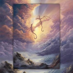 Volo Romantico | Segnalibro Fantasy Art Dragon Nuvole rosa Fantasy Bookish Art Cartolina d'arte Fantasy Dragon