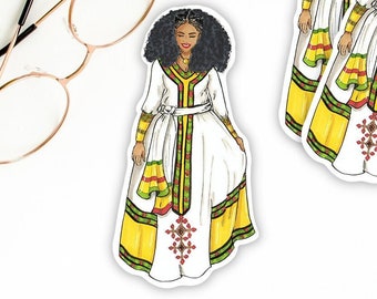 Ethiopia/Eritrea Traditional Dress Die Cut Sticker 3" - African Attire Semi Gloss Vinyl Sticker - Cute Waterproof Vinyl Sticker