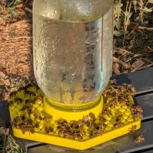 May include: A clear glass jar filled with water sits atop a bright yellow bee feeder. Numerous bees are clustered around the feeder, which is placed on a wooden surface. The feeder has a hexagonal shape.