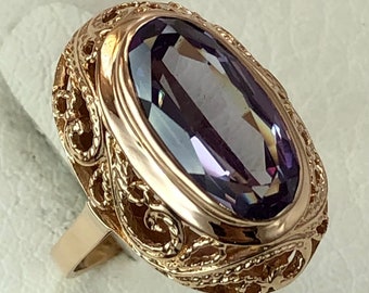 Chic Vintage Original Rose Gold 14K 583 Ring with Alexandrite,  Alexandrite Rose Gold Ring 14K, Gift for Her, Rose Gold 14K 583