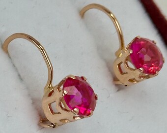 Vintage 14k 583 Rose Gold Earrings with Lab Ruby, 1970