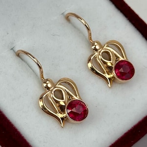 Chic Vintage Original Rose Gold 583 14K Earrings With Ruby (lab. created) 3,53 g, Solid Rose Gold 583 14K, Gift for her