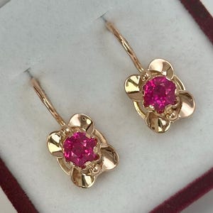 Chic Vintage Original Rose Gold 583 14K Earrings With Ruby (lab. created) 4,23 g, Solid Rose Gold 583 14K, Gift for her