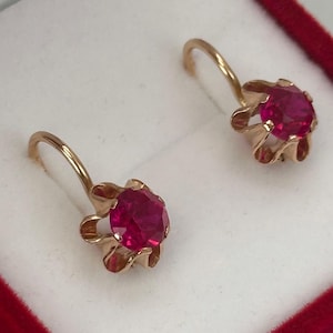 Chic Vintage Original Rose Gold 583 14k Earrings With Ruby (lab. created) 2,73 g, Solid Rose Gold 583 14k, Gift for her