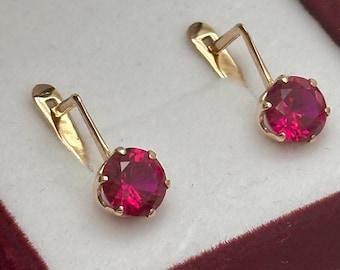 Vintage 14k 583 Rose Gold Ruby Earrings, Chic Jewelry