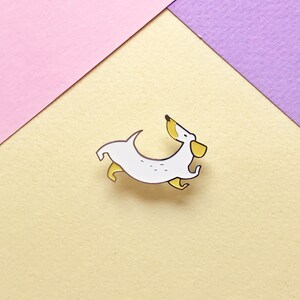White running dog dachshund with yellow ears and paws - Enamel pin, badge, brooch