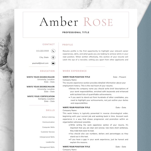 Easy To Use Resume Template for Microsoft Word & Pages, Elegant CV, Modern Girly Resume with Photo, Professional Resume, Minimalist Resume