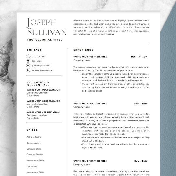 Minimalistische cv-sjabloon | Eenvoudige professionele en klassieke cv template, standaard cv-formaat, financiën hervatten, executive cv