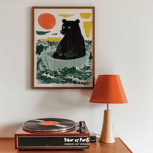 Linoleumsnitt med svartbjörn och båt, havsvågor (digital nedladdning)