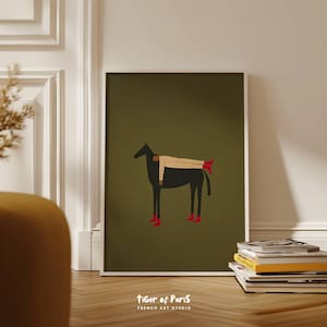 Surreal Man on Black Horse Print, Olive Green Minimalist Equestrian Wall Art (Digital Download)