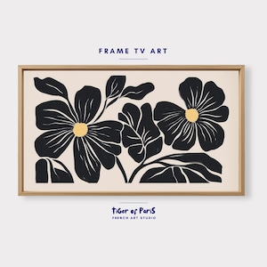 Japandi Samsung Frame TV Art, Black & Beige Botanical Art, Flower Digital Art, Modern Nordic Print, Boho Neutral Abstract Dark Floral, 16:9