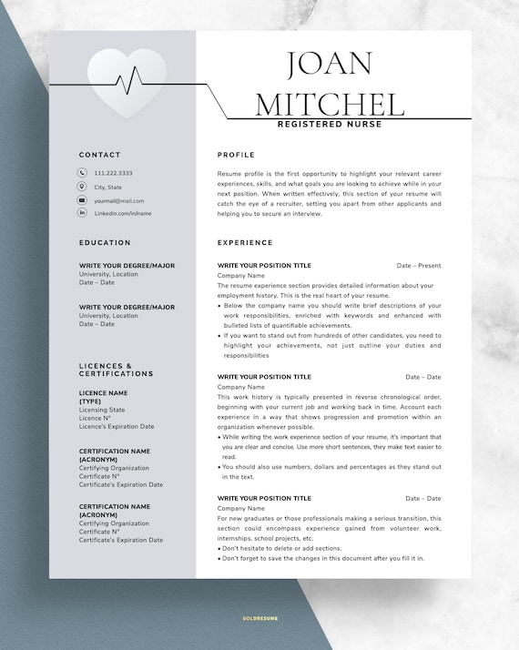Creative Nurse Resume Template Simple Nursing Resume Template Etsy Canada