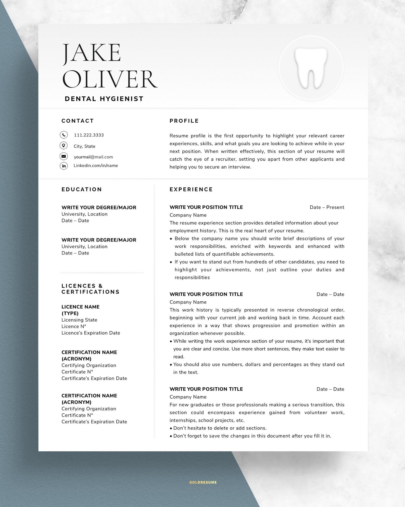 Plantilla de currículum dental, CV de asistente dental, CV de higiene