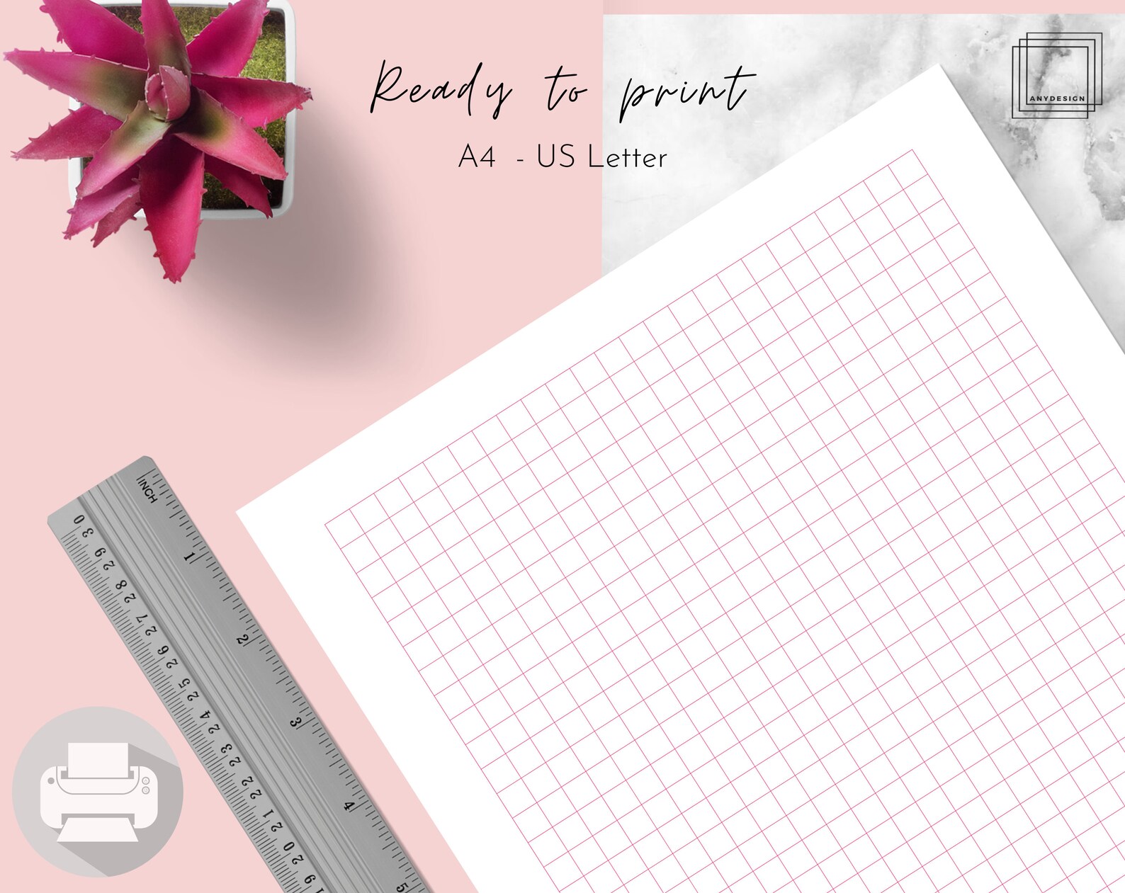 Pink Graph Grid Paper Note Taking Printable & Digital Set A4, Letter Size Disc Bound Planner