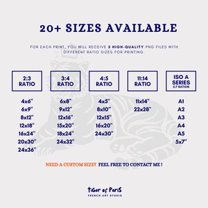 May include: A graphic featuring a white tiger illustration with text indicating "20+ SIZES AVAILABLE" for prints. Includes size ratios like 2:3, 3:4, 4:5, 11:14, and ISO A series, with corresponding dimensions in inches. The text "Tiger of Paris" is at the bottom.