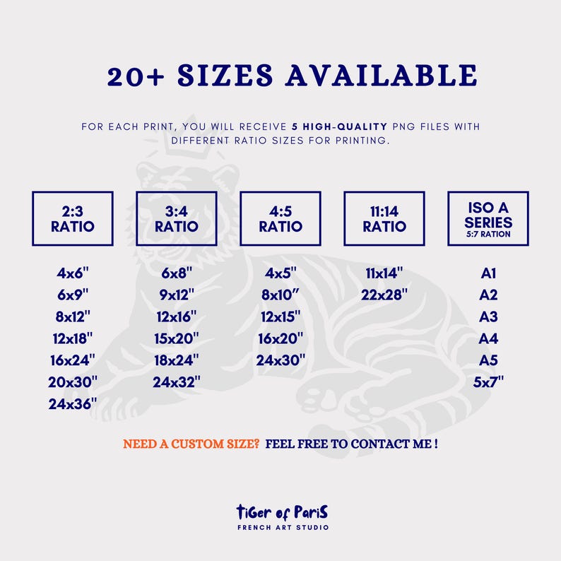May include: A graphic featuring a white tiger illustration with text indicating "20+ SIZES AVAILABLE" for prints. Includes size ratios like 2:3, 3:4, 4:5, 11:14, and ISO A series, with corresponding dimensions in inches. The text "Tiger of Paris" is at the bottom.