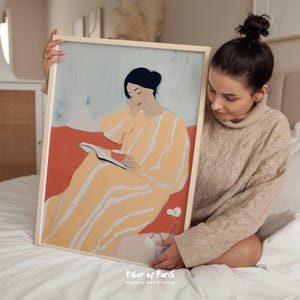 Woman Reading on Sofa Wall Art, Cozy Yellow Dress Printable Illustration (Digital Download)