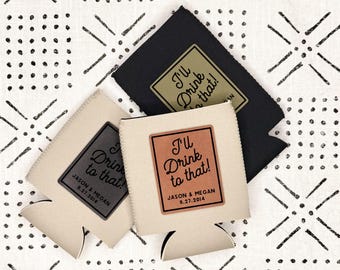 Wedding Can Cooler - Neoprene Can Cooler - With Leatherette Patch - Personalized - Party Favors - Wedding Gifts