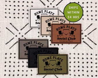 Funny Softball Patch - Funny Baseball Patch - Home Plate Social Club - With Adhesive - Heat Activated - Leatherette - Funny - Hat Bar