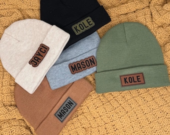 Personalized Kids Beanie - Beanie - Leather Patch - With Name - Gifts for Kids - Winter Hat with Name - Business Logo