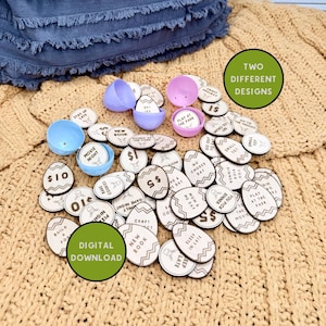May include: Wooden tokens with activities and monetary values, such as "Movie Night" and "£10". The tokens are on a tan knitted surface, with three pastel-coloured plastic egg containers. Text on the image reads "TWO DIFFERENT DESIGNS" and "DIGITAL DOWNLOAD".