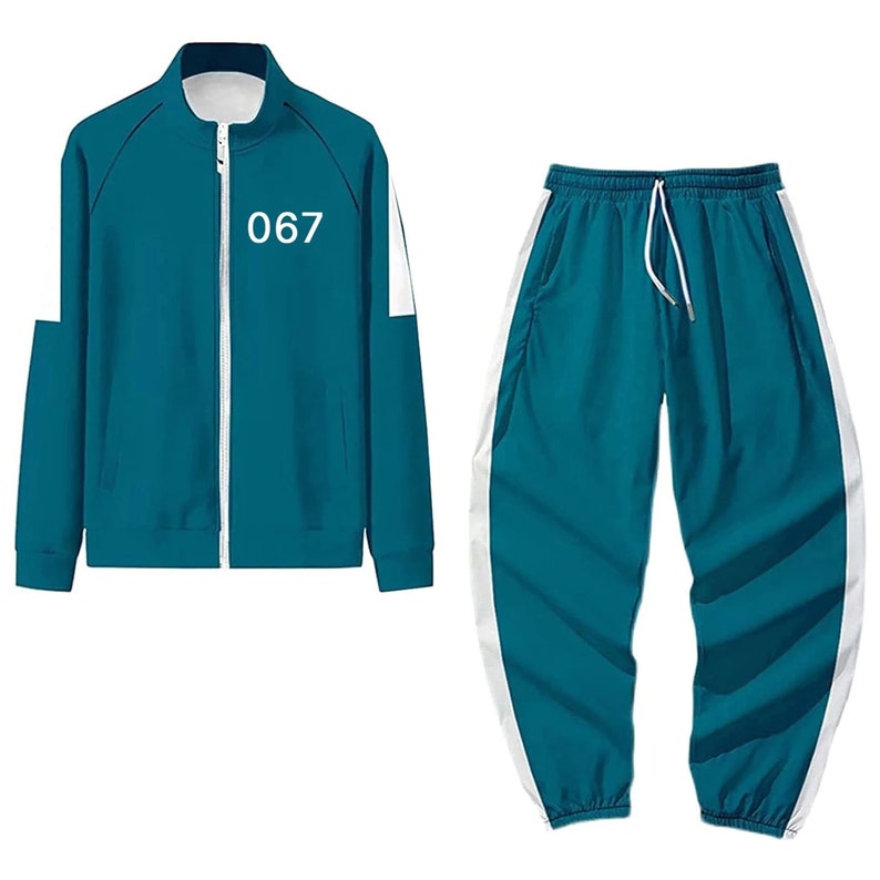 Custom Squid Tracksuits for Game Lover Halloween Costume 2 Pcs set Green Zipper Pullover & Pant 