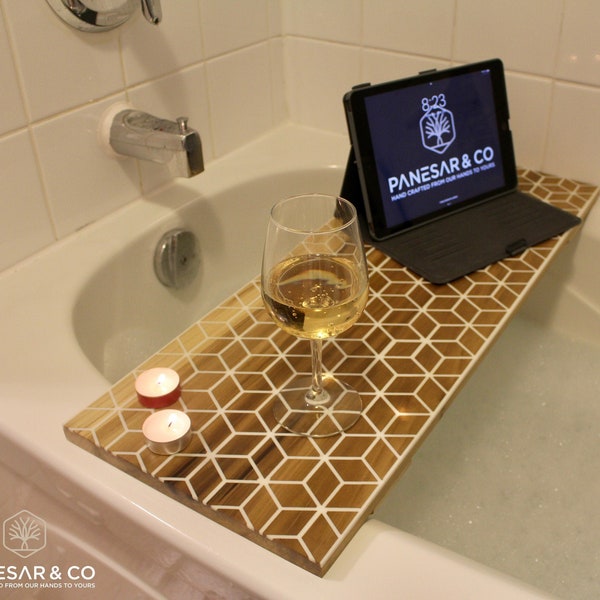 Hexagon Pattern Bathtub Tray | Bathroom Vanity | Bath Caddy | Luxury Bathtub Tray