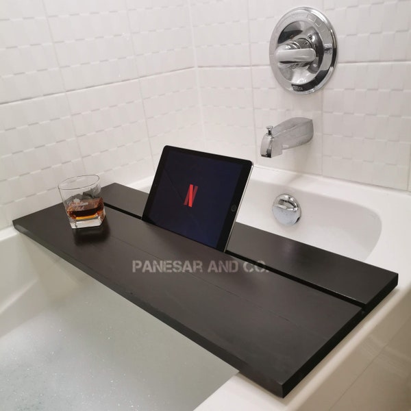 Solid Ebony Wooden Bathtub Trays with Tablet Slot/Tablet Holder/Bathroom Vanity/ Bath Caddy/Luxury Bathtub Tray/Wooden CaddyRustic themed/