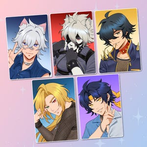 May include: Five rectangular art prints featuring anime-style characters. The top row shows a white-haired character with cat ears, a masked character with white hair, and a dark-haired character. The bottom row shows a blonde character and a dark-haired character.