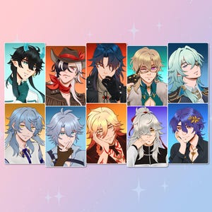 May include: A collection of ten rectangular stickers featuring anime-style character portraits. Each portrait displays a unique individual with distinct hair colors, facial features, and clothing, arranged in two rows of five against a soft gradient background.