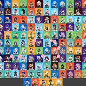 May include: A grid of circular character icons featuring various anime-style figures, each labeled with a name underneath. Several icons include a small pink circular tag with the text new. The background colors vary for each character icon.