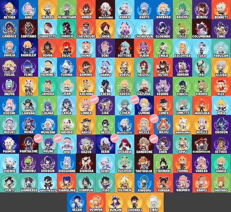 May include: A grid of circular character icons featuring various anime-style figures, each labeled with a name underneath. Several icons include a small pink circular tag with the text new. The background colors vary for each character icon.