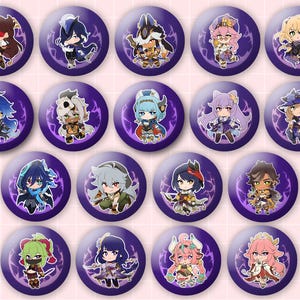 May include: A collection of seventeen circular pin-back buttons featuring various chibi-style anime characters. Each button has a deep purple background with a subtle lightning-like pattern and a unique character illustration in the center.