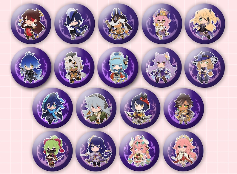 May include: A collection of seventeen circular pin-back buttons featuring various chibi-style anime characters. Each button has a deep purple background with a subtle lightning-like pattern and a unique character illustration in the center.