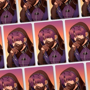 May include: A repeating pattern of rectangular cards featuring an anime-style illustration of a character with purple hair, wearing a dark hooded cloak, a brown face mask, and fingerless gloves against a gradient orange and purple background.