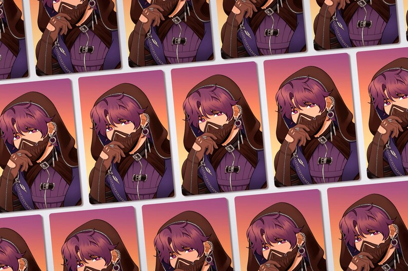 May include: A repeating pattern of rectangular cards featuring an anime-style illustration of a character with purple hair, wearing a dark hooded cloak, a brown face mask, and fingerless gloves against a gradient orange and purple background.