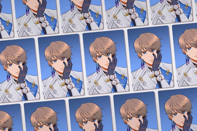 May include: A collection of rectangular cards featuring an anime-style illustration of a character with light brown hair and blue eyes. The character wears a white jacket with blue accents, dark gloves, and long, dangling purple and blue earrings.