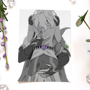 May include: Black and white illustration of two figures embracing. The figures are in a close embrace, with one figure's arms wrapped around the other. The image has a soft, romantic feel. The figures are wearing detailed clothing. A purple emblem is visible on the belt.