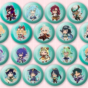 May include: A collection of nineteen circular pin-back buttons, each featuring a unique chibi-style anime character illustration centered on a teal background with a subtle swirling pattern. The characters display various outfits, hair colors, and poses.