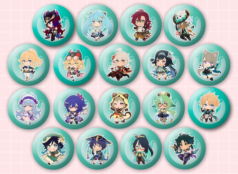 May include: A collection of nineteen circular pin-back buttons, each featuring a unique chibi-style anime character illustration centered on a teal background with a subtle swirling pattern. The characters display various outfits, hair colors, and poses.