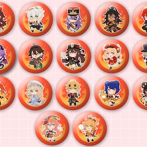 May include: A collection of seventeen circular pin-back buttons, each featuring a unique chibi-style anime character illustration set against a vibrant orange background with a stylized flame pattern. The buttons are arranged in a grid formation.