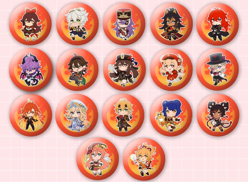 May include: A collection of seventeen circular pin-back buttons, each featuring a unique chibi-style anime character illustration set against a vibrant orange background with a stylized flame pattern. The buttons are arranged in a grid formation.