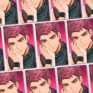May include: A repeating pattern of rectangular cards featuring an anime-style illustration of a person with magenta hair and amber eyes. The person rests their chin on their hand, wearing a black sleeveless top, a black wristband, and a silver chain.